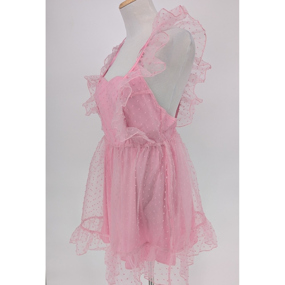 Sugar Thrillz Can't Help Falling Pinafore Dress S Pink Swiss Dot Ruffle Sheer - Picture 6 of 12